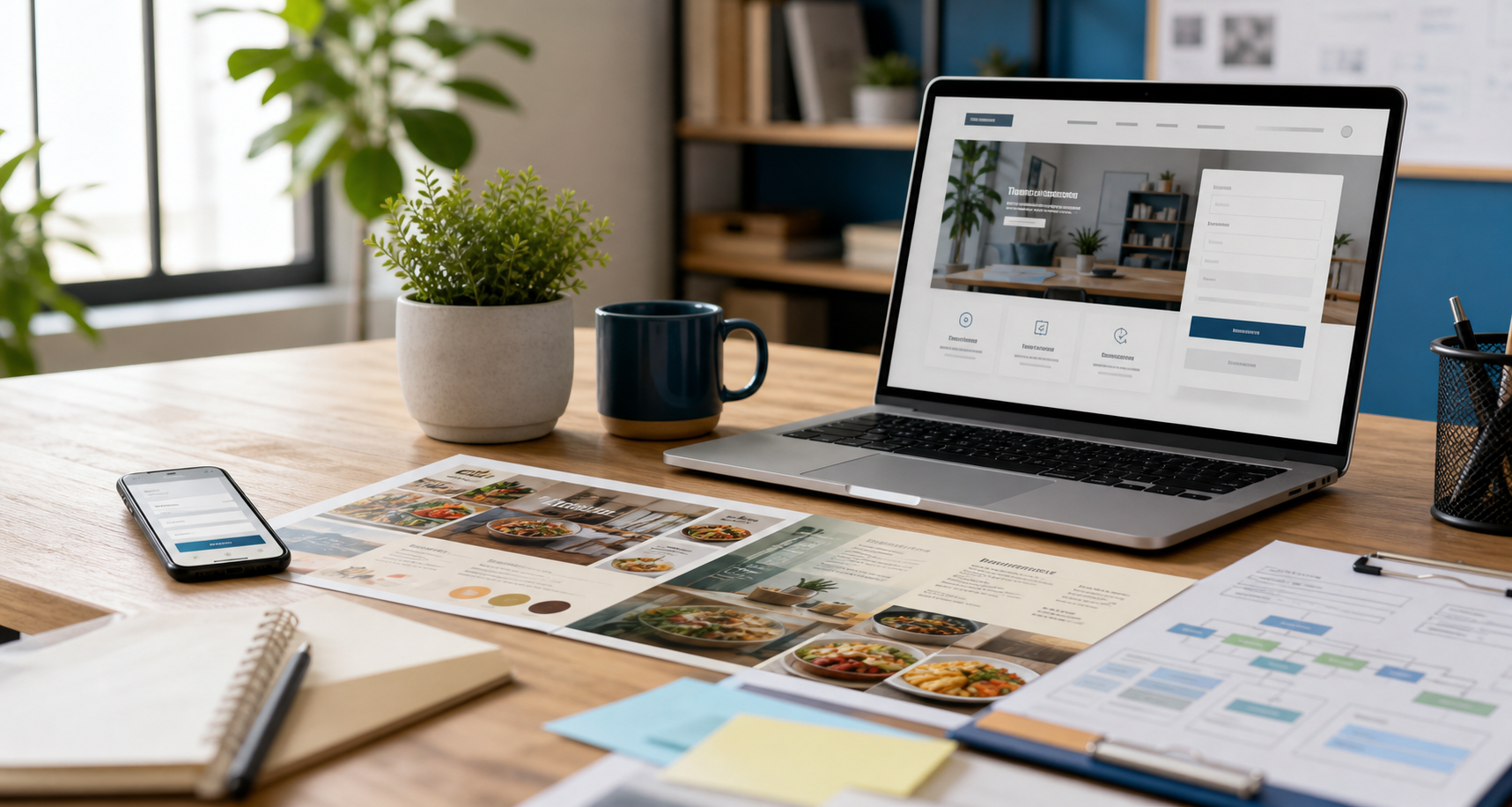 Modern desk setup representing websites, branding materials, and online business forms
